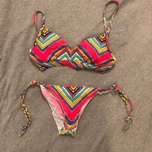 Eidon bikini set, neon stripes, Dcup top, small bottoms.